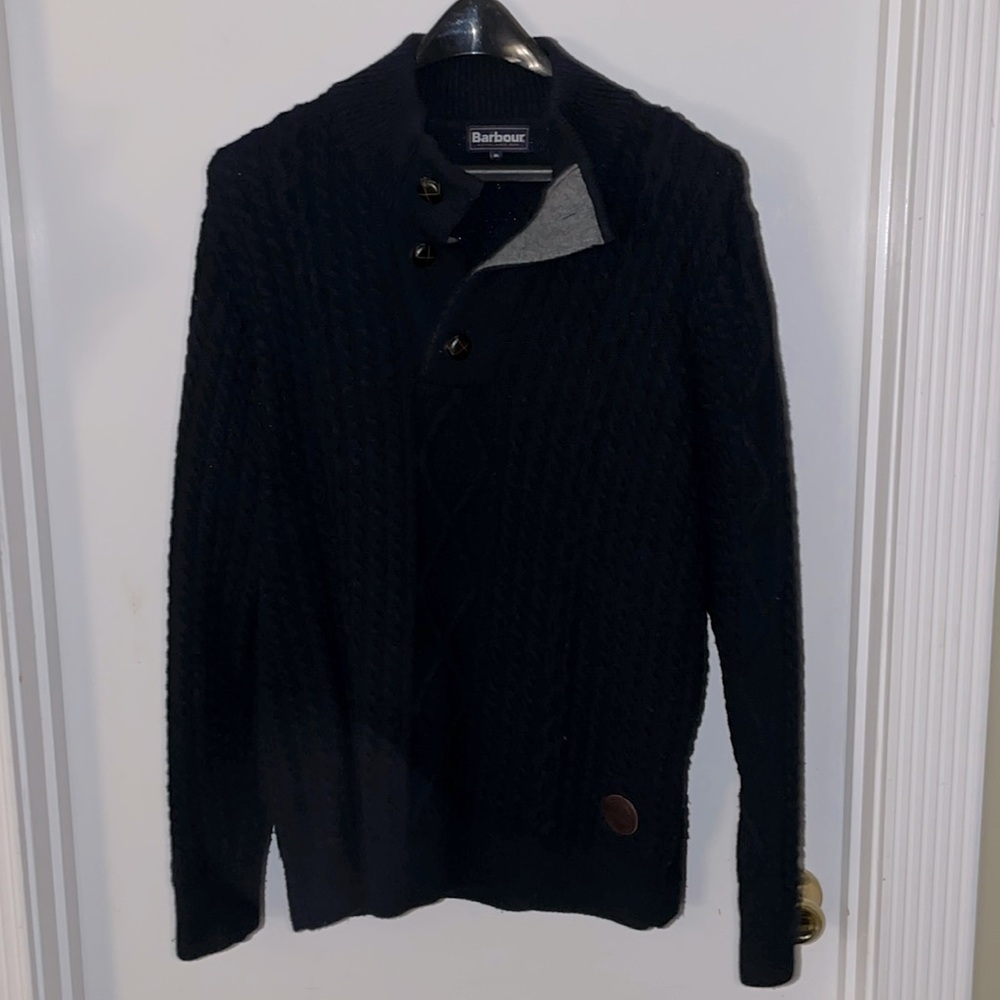 Barbour NAVY cardigan pullover 100% lambs wool sweater jumper.